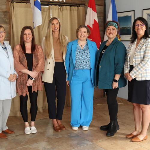 Pictured from L-R: Minister Barbara Adams; Erica Kerfont, Jessica Myers and Erin Sarrazin from Eastern Passage Family Practice; Dr. Maria Alexiadis; and Minister Michelle Thompson.